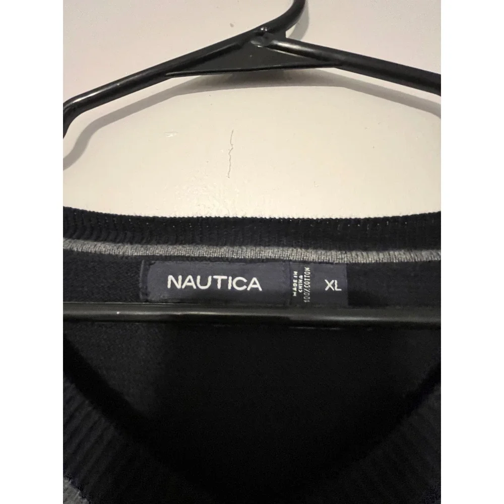 Nautica Mens XL Navy Blue V-Neck Cotton Pullover Sweater Tipped Neck Logo